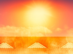 Bright orange sun over rooftop