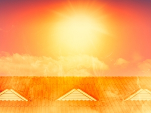 Bright orange sun over rooftop	